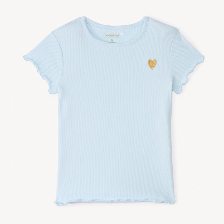 T-shirt manches courtes côtelé à cœur brodé pour fille
