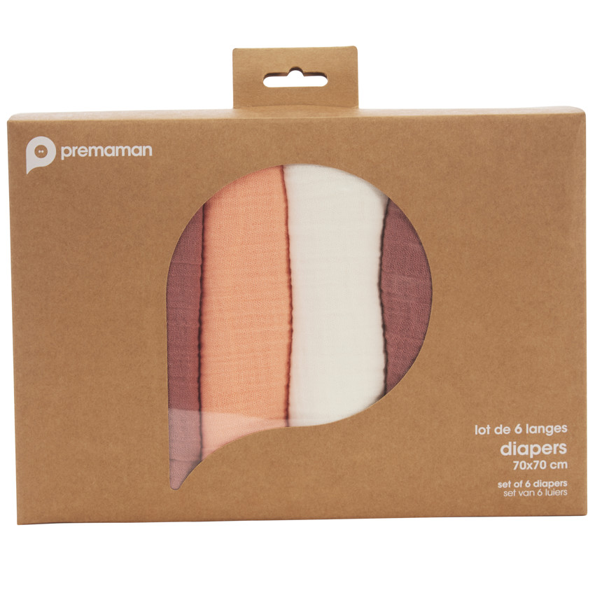 Lot de 6 langes en coton 70 x 70 cm - Rose (Prémaman) - Image 1