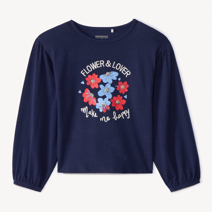 T-shirt manches longues uni print fantaisie pour fille