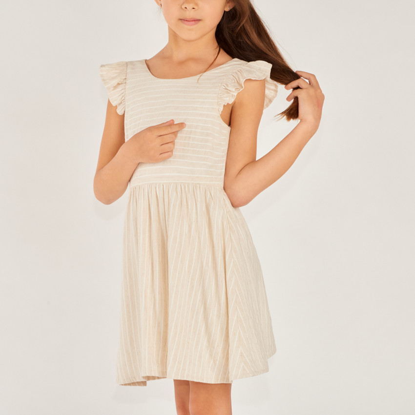 Robe manches courtes en toile à rayures avec dos en V pour fille 
