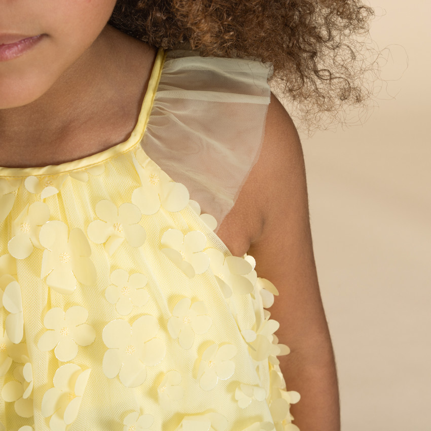 Robe uni en tulle et satin avec petites fleurs 3D pour fille  