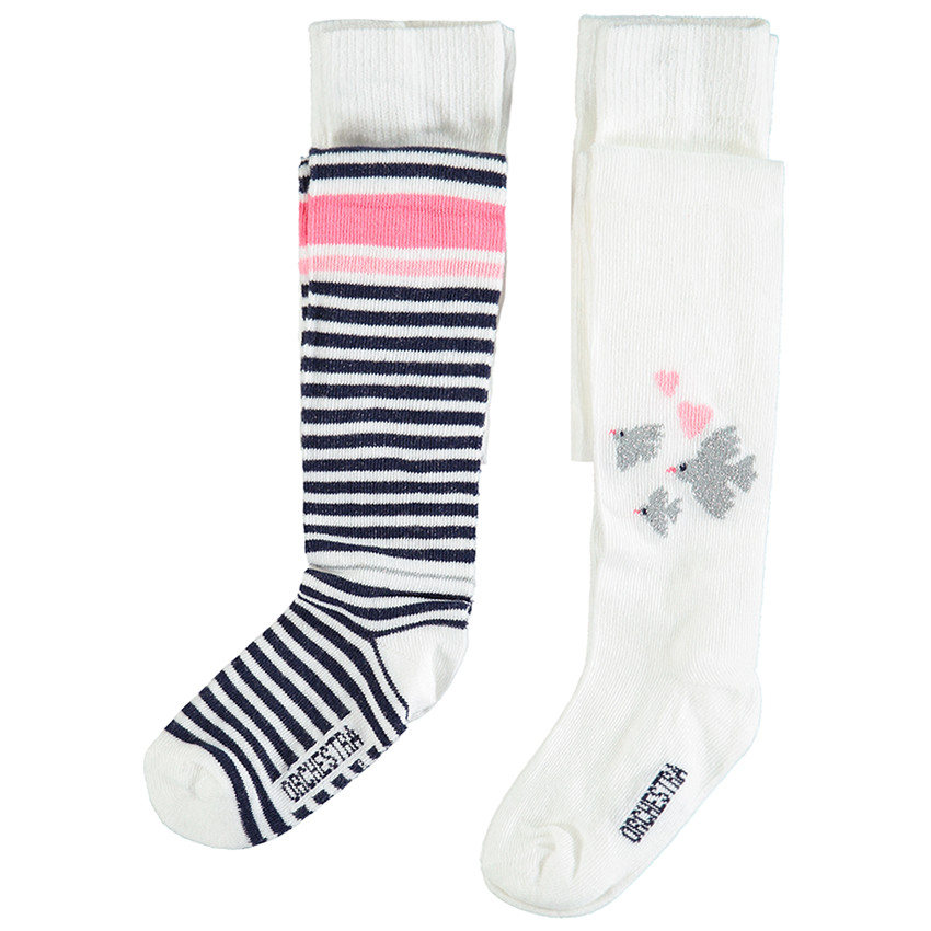 Lot de 2 collants épais à rayures et oiseaux en jacquard