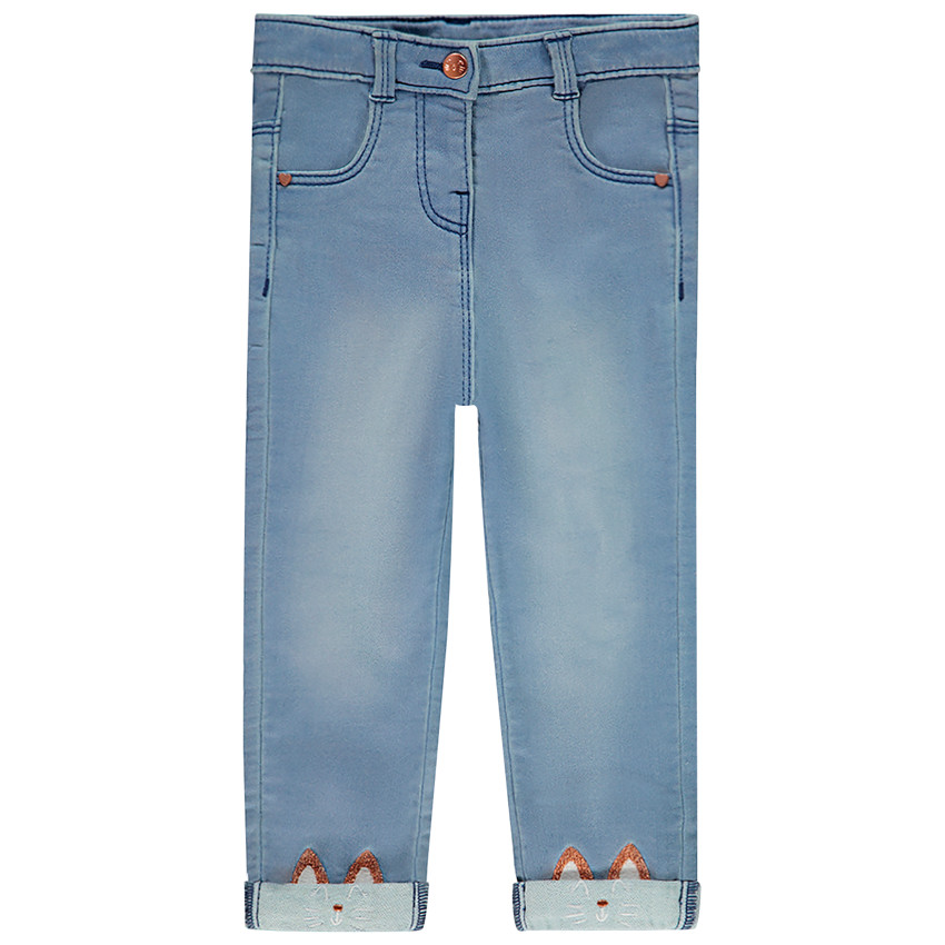 Jean effet used à chats brodés et poches pour bébé fille