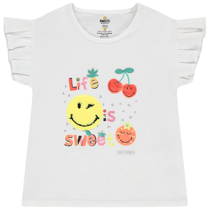 T-shirt manches courtes volantées motif SmileyWorld en sequins 