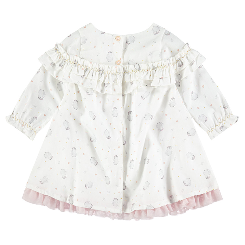Robe manches longues en coton avec pingouins imprimés all-over et volants 