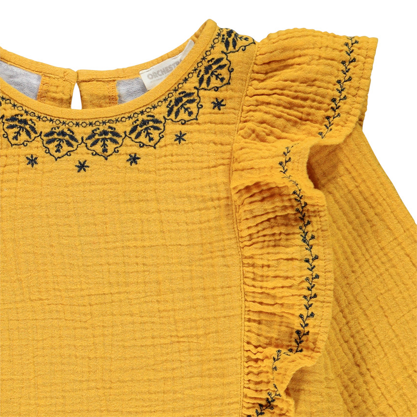 Tunique manches longues jaune en gaze de coton pour enfant fille 