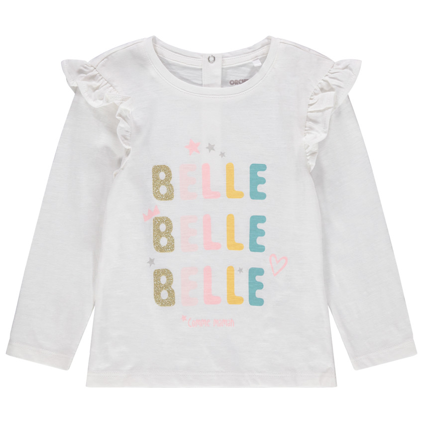 T-shirt manches longues en coton à volants et message pailleté 