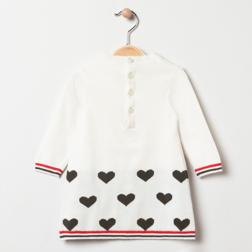 Robe manches longues en tricot à coeurs et oiseau brodés 