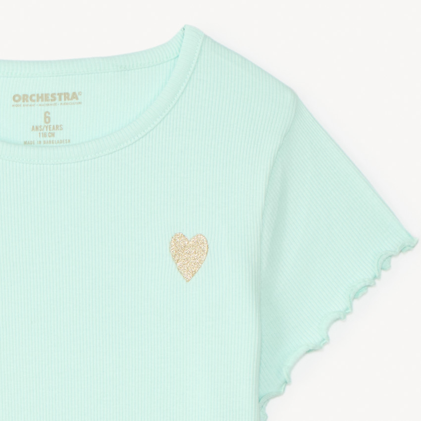 T-shirt manches courtes en maille côtelée uni broderie cœur pour fille 