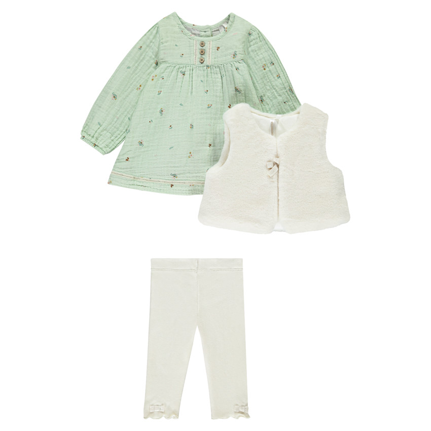 Ensemble tunique imprimé fleurs + gilet + legging pour bébé fille 