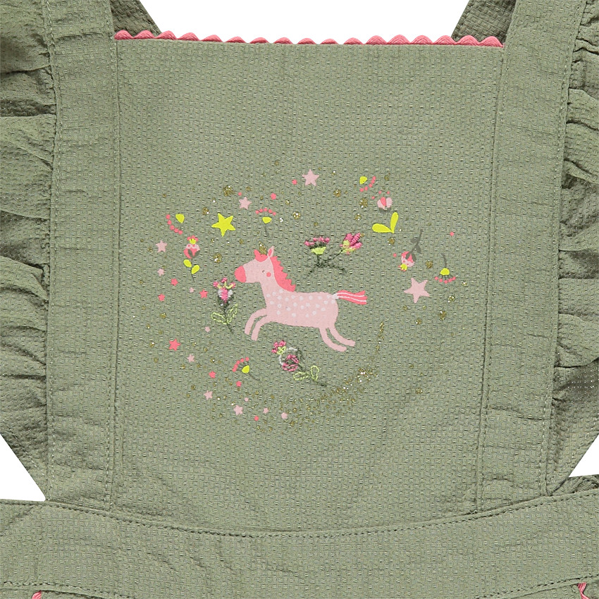 Salopette short à bretelles volantées et licorne printée 