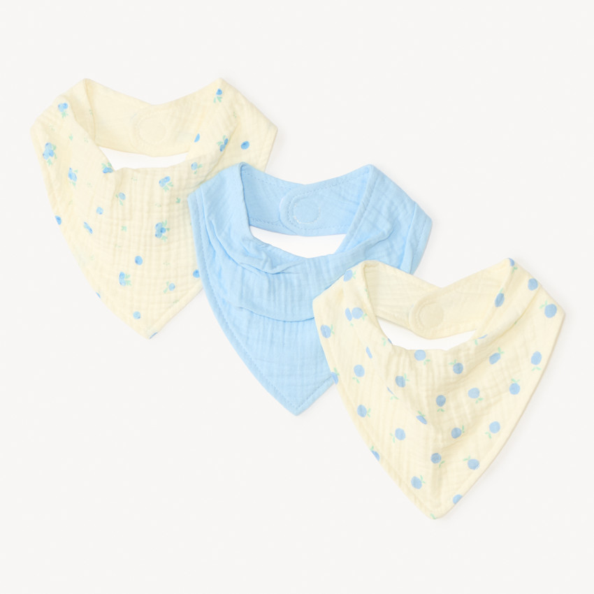 Lot de 3 bavoirs bandana en gaze de coton motifs myrtilles pour bébé fille