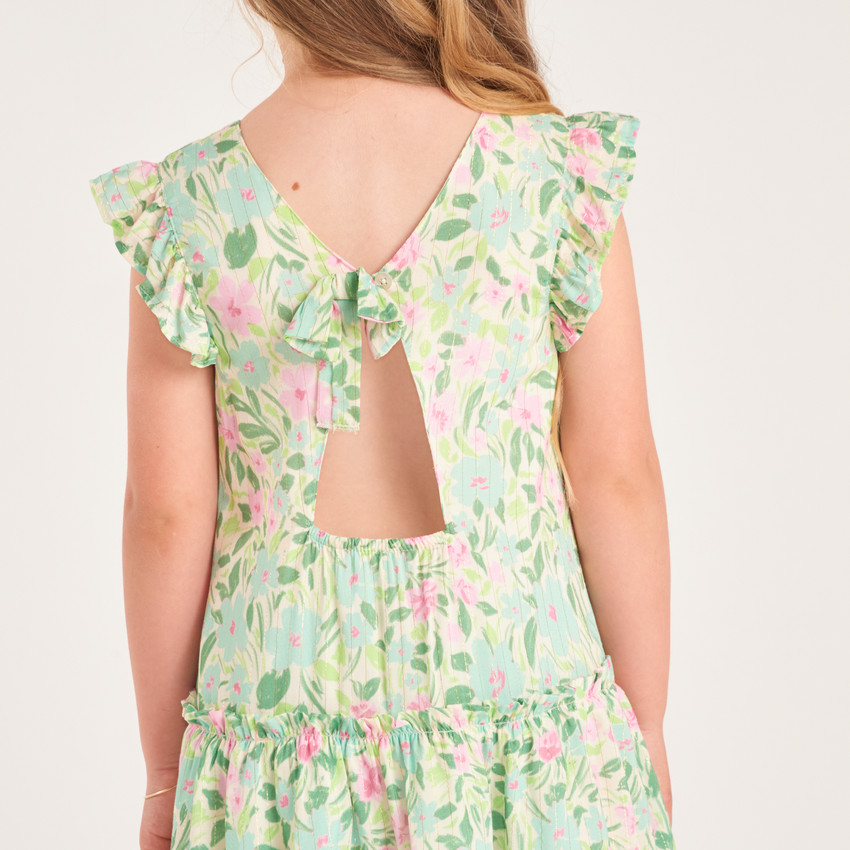 Robe manches courtes imprimé fleurie avec ouverture dans le dos pour fille 