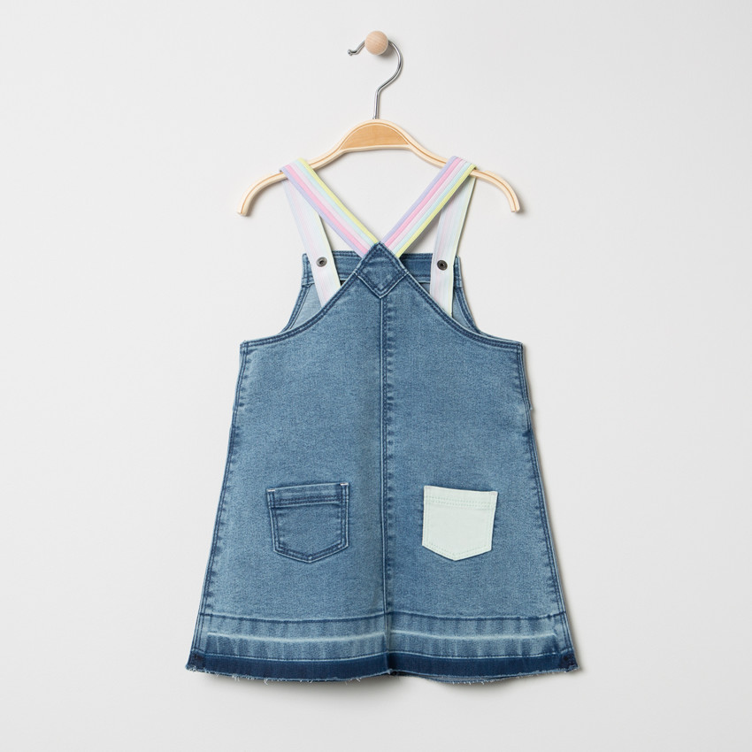 Robe en jean à bretelles rayées colorées et badges Smiley Baby  
