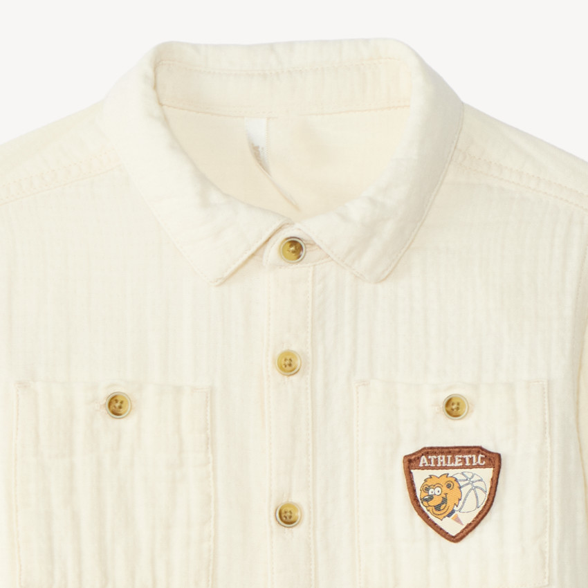 Chemise manches longues double gaze bébé garçon badge fantaisie 