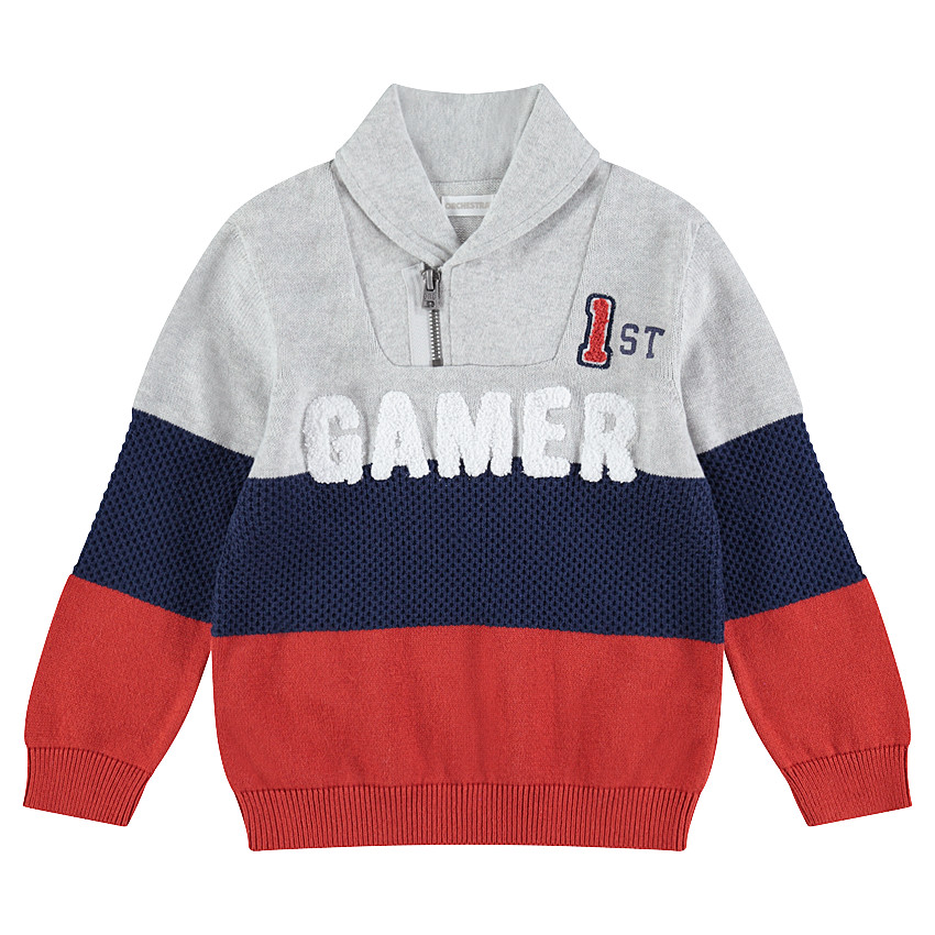 Pull tricolore avec col zippé et inscription en bouclette 