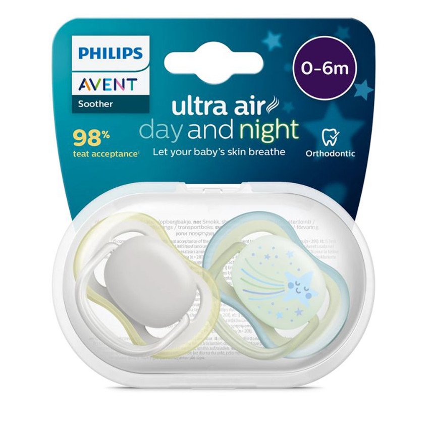 Sucette silicone Ultra Air 0-6m Combi Nuit/Jour 2pcs 