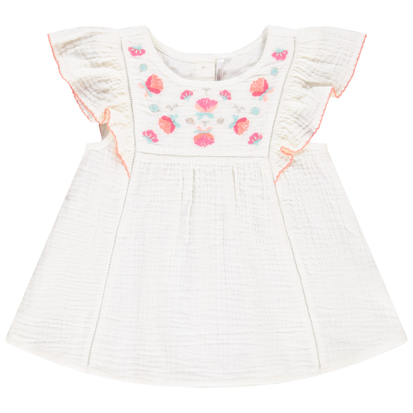 Tunique manches courtes brodée en double gaze de coton pour bébé fille
