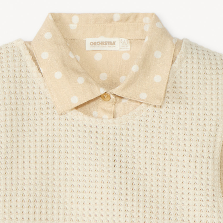 Chemise manches longues à pois + pull en maille uni pour fille 