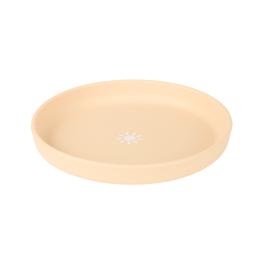 Assiette ronde en silicone avec motif soleil et rebord 