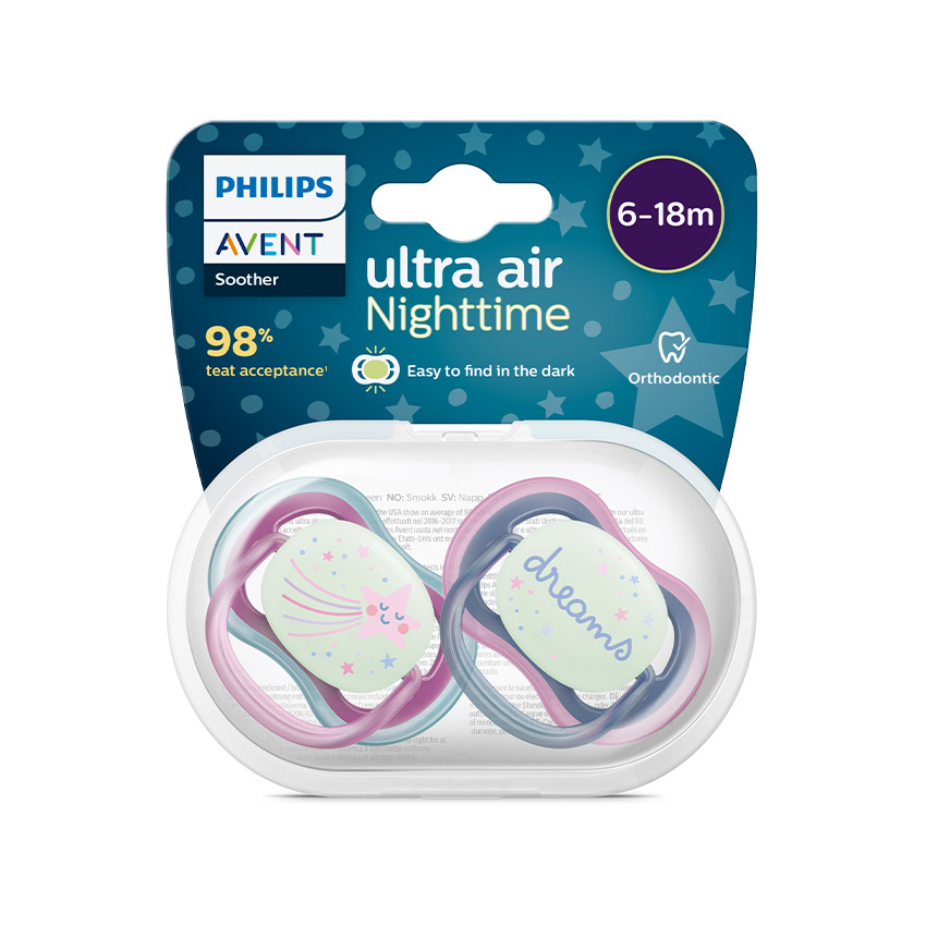 Lot de 2 sucettes silicone Ultra Air Nuit 6-18M (modèles aléatoires) 
