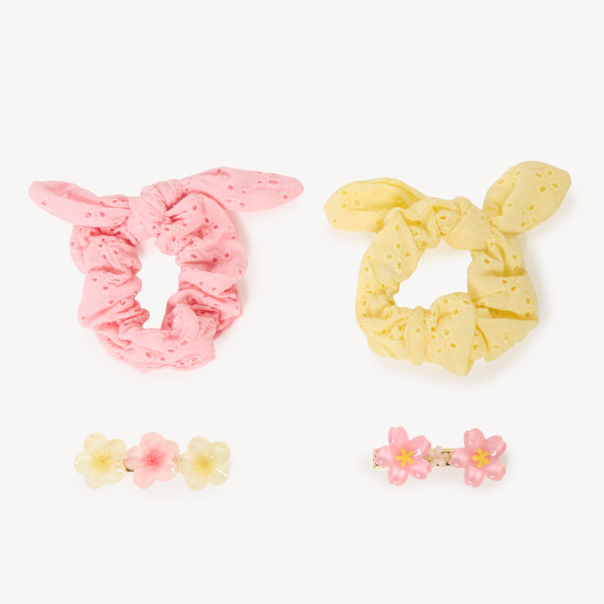 Lot de 2 chouchous en broderie anglaise et de 2 barrettes pour fille 