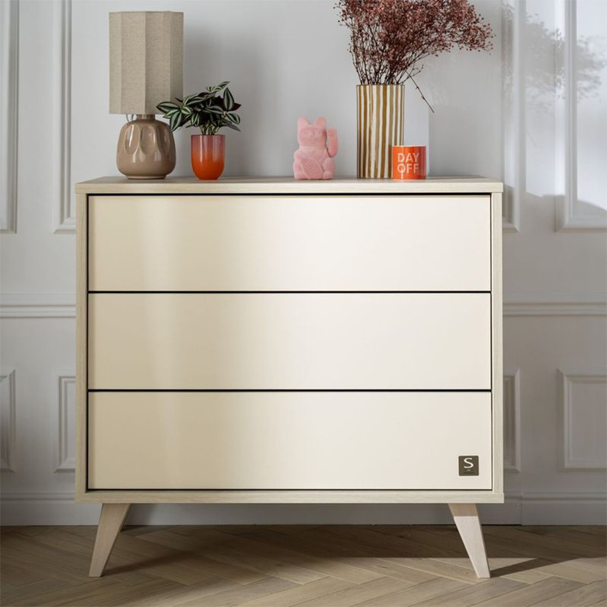 Commode 3 tiroirs Mélinée aspect chêne sépia/crème 