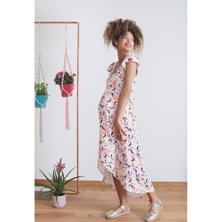 Robe longue de grossesse à manches volantées et imprimé végétal all-over 