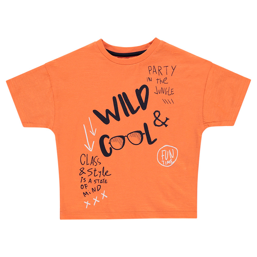 Tee-shirt manches courtes orange avec inscriptions printées 