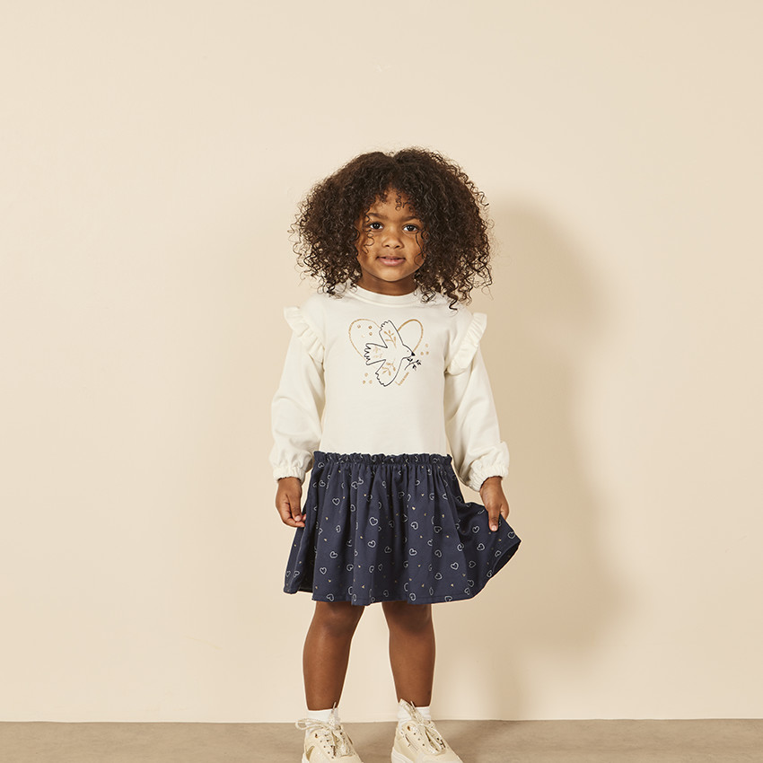 Robe bi-matière effet 2 en 1 print oiseau pour bébé fille