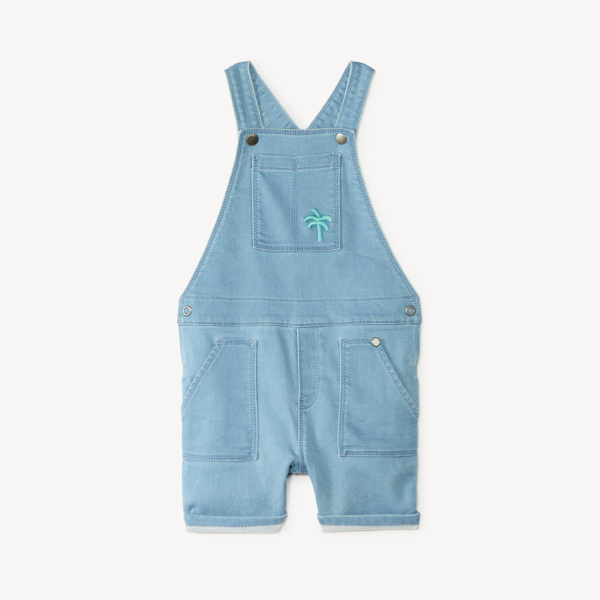 Salopette courte en jean style workwear avec broderie palmier pour bébé garçon