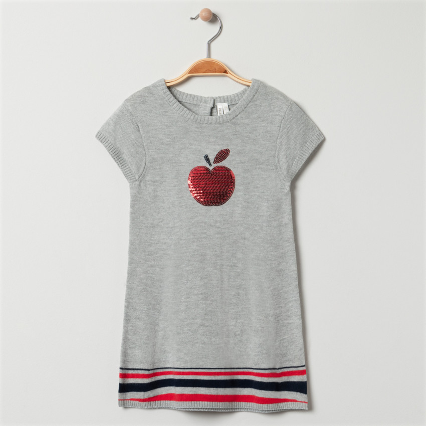 Robe manches courtes en tricot avec pomme en sequins
