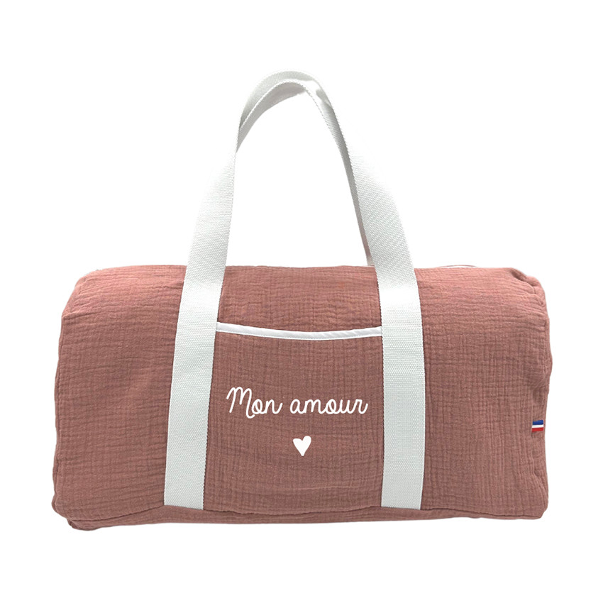 Sac de voyage en gaze de coton "Mon amour" vieux rose 