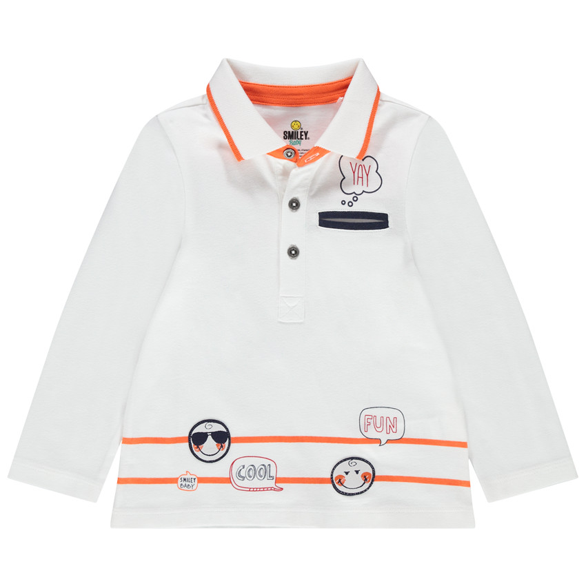 Polo manches longues en coton bio à print et badges Smiley Baby 