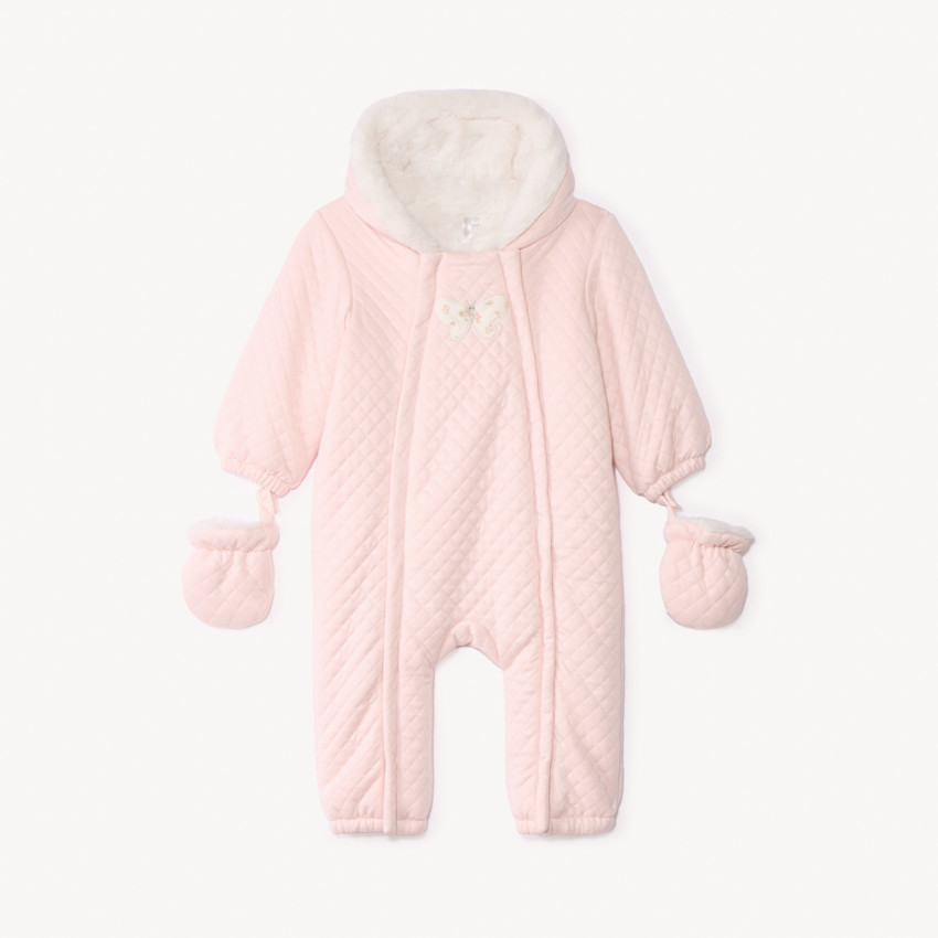 Combi-pilote uni rose en jersey matelassé pour bébé fille avec finitions différentes selon l&#39;âge