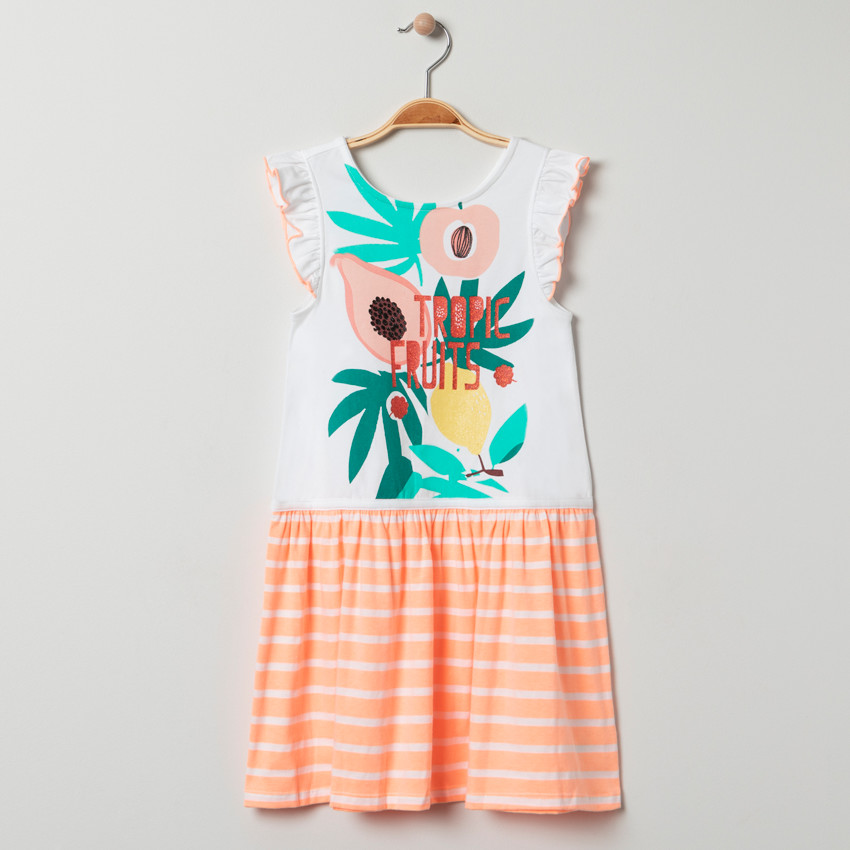Robe en coton à manches volantées et fruits printés 