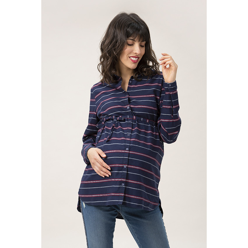Chemise de grossesse manches longues à rayures et liens à nouer 