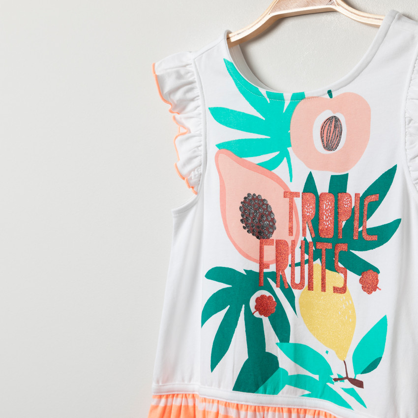 Robe en coton à manches volantées et fruits printés 