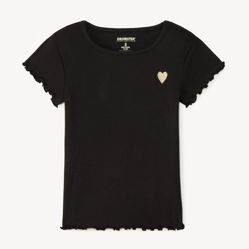 T-shirt manches courtes côtelé à cœur brodé pour fille