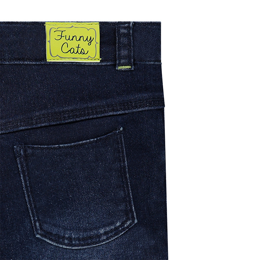 Jeans effet used doublé jersey avec têtes de chat brodées 