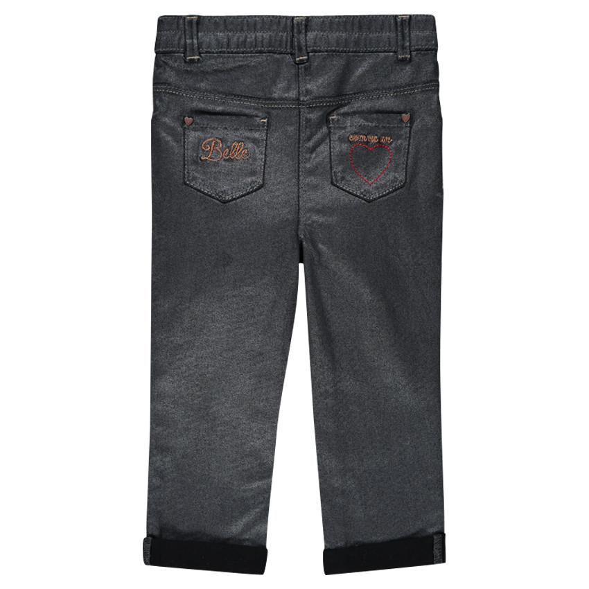 Jeans enduit argenté avec coeurs et message brodés 