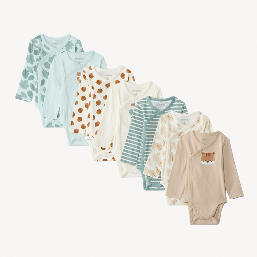 Lot de 7 bodies manches longues motifs forêt pour bébé garçon avec ouvertures différentes selon l'âge 