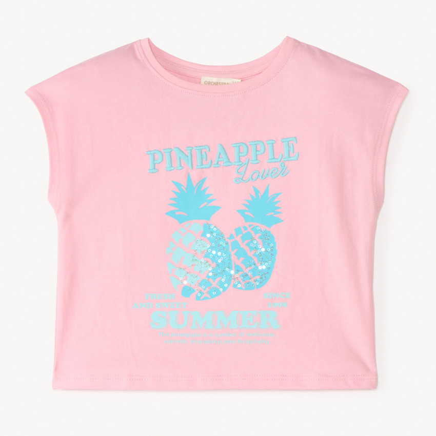 T-shirt manches courtes print ananas avec broderie et sequins pour fille  