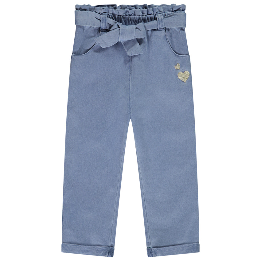 pantalon en toile fantaisie avec broderies coeurs pour bébé fille - blue jean