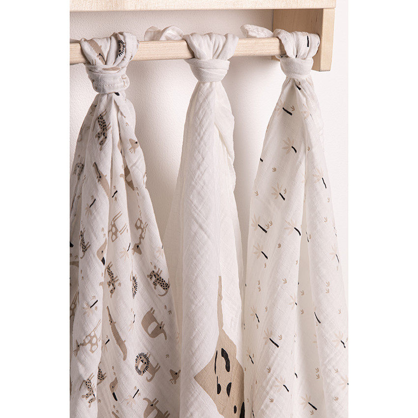 Lot de 3 langes en coton bio imprimées animaux de la jungle 