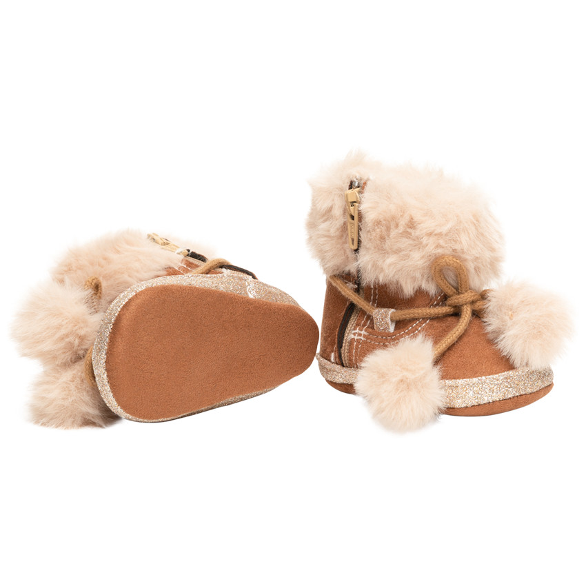 Bottines souples pour bébé fille à fausse fourrure et pompons 
