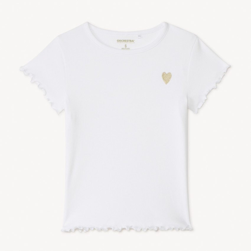 T-shirt manches courtes en maille côtelée uni broderie cœur pour fille 
