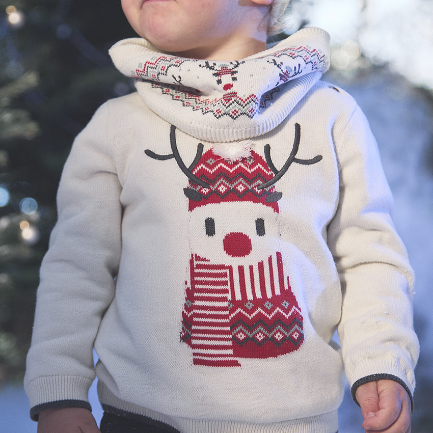 Pull doublé en velours avec renne brodé pour bébé garçon 