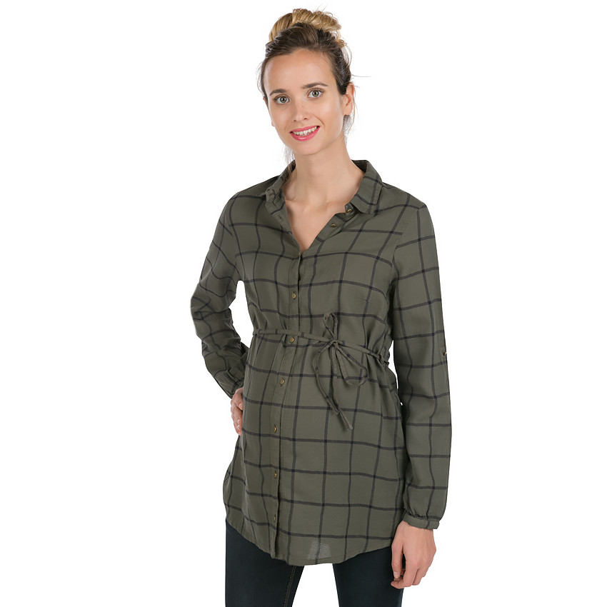 Chemise longue à carreaux avec liens à nouer 