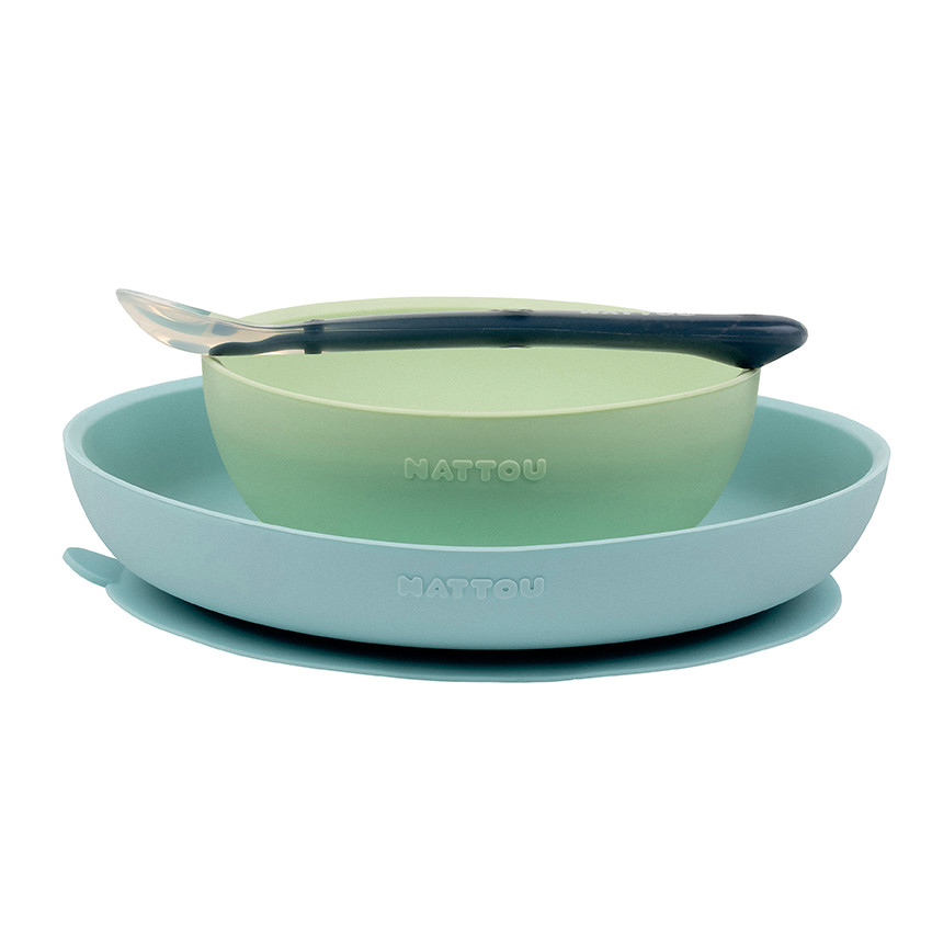Coffret repas en silicone 3 pièces - Bleu/Vert Main Coffret repas en silicone 3 pièces - Bleu/Vert